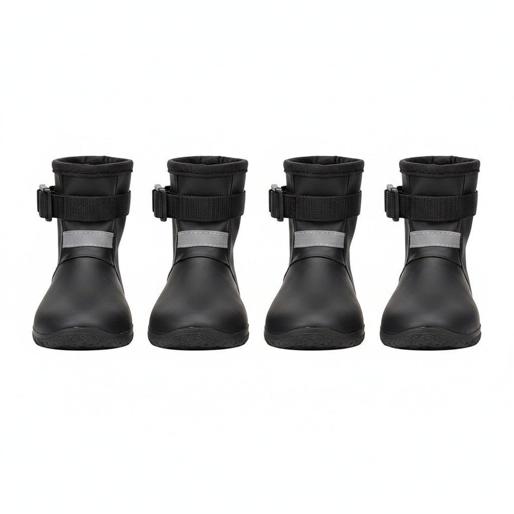 Four black waterproof dog rain boots with reflective strips on white background